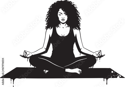 Serene zen woman meditating in black and white monochrome drawin