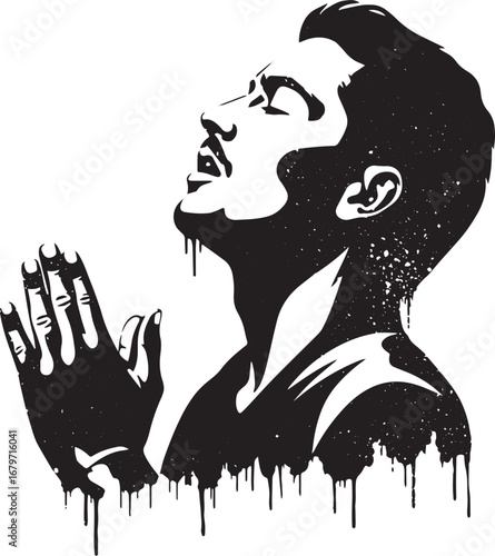 Stylized monochrome illustration of a man in prayer with dynamic