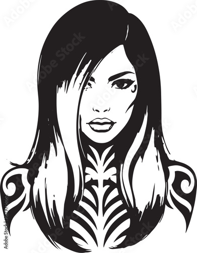 Stylized monochrome portrait of a confident woman with tribal ta