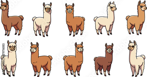 Group of cute llamas with fluffy fur. Cartoon animal, alpaca, mammals, funny, drawing, character, nature, wildlife, cheerful, happy