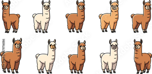 Cartoon llamas stand on white background.  Cute animals, cartoon illustration, pattern, farm animals, cheerful, playful, design, happy