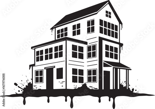 Monochromatic multi-story house illustration with splash design