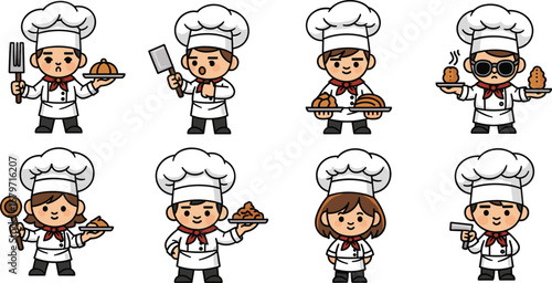 Cartoon chefs hold food and utensils. Culinary, cooking, cuisine, restaurant, profession, job, chef, food service, chef attire, occupation, cute, food preparation.