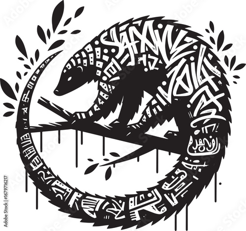 Artistic Black and White Illustration of a Pangolin in a Circular Graffiti Style Design