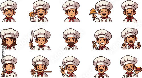 Chefs with various accessories and gestures. Culinary, cooking, restaurant, occupation, profession, service, uniform, hospitality, food, industry.