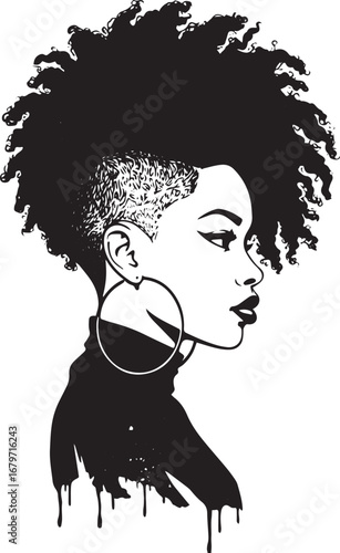 Striking monochrome portrait featuring an elegant woman with afr
