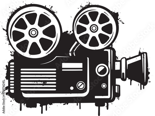 Stylized vintage movie projector icon illustration with distress