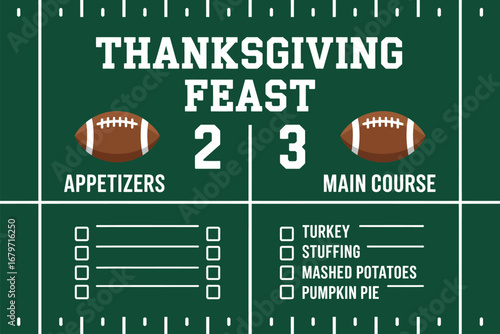 Thanksgiving feast menu on a football field background with appetizers and main course checklist items