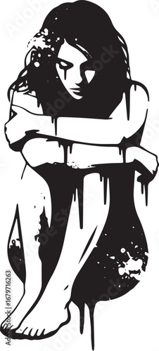 Monochrome artistic depiction of a vulnerable woman embracing he