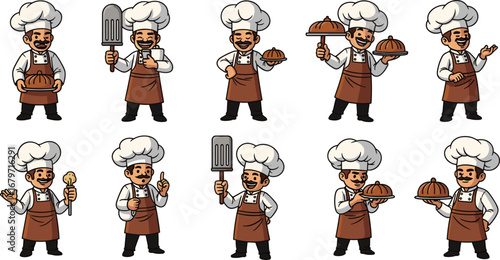 Chefs with hats hold dishes, spatulas. Cooking profession, culinary art, restaurant business, food preparation, chef character, kitchen staff, cartoon chefs.