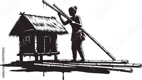 Rural riverside construction with woman building bamboo home raf