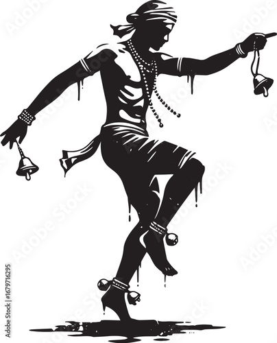 Silhouette of an expressive barefoot dancer adorned with traditi