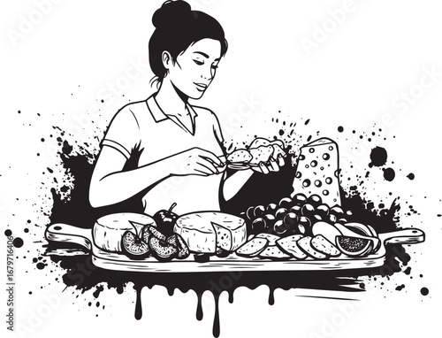 Elegant woman arranging exquisite cheese board in artistic monoc