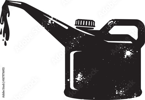 Monochrome illustration of an oil can pouring liquid on a white