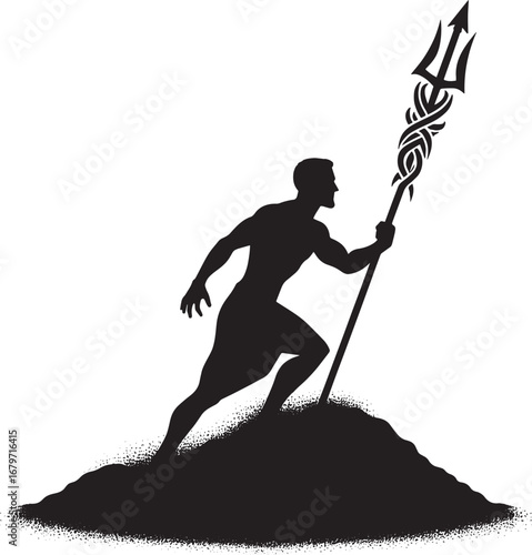 Silhouette of a muscular man with a trident climbing a hill, vector illustration