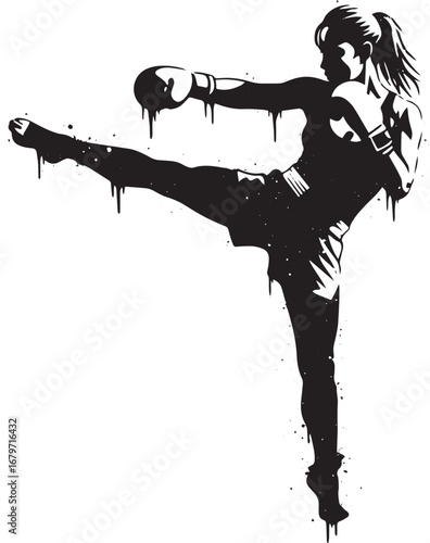 Dynamic monochrome illustration of a female kickboxer in motion,
