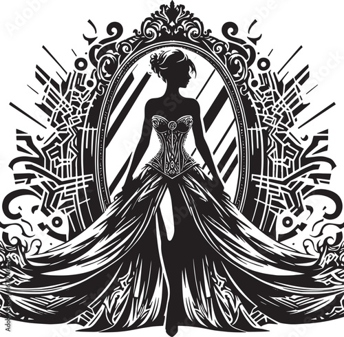 Elegant Silhouette of a Woman in a Gown Standing Before an Ornate Mirror Illustration