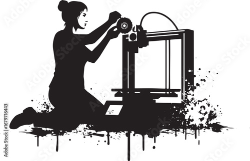 Silhouette of a woman assembling a 3D printer with grunge detail