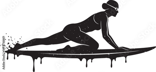 Abstract monochrome illustration of a woman surfing with artisti