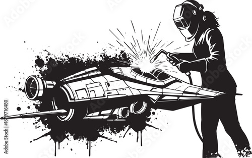 Futuristic fabrication: a woman welding a spaceship, abstract co
