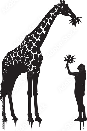 Monochrome giraffe with leaves and woman silhouette in artistic