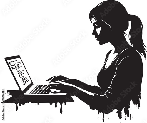 Silhouette of a woman using a laptop, creative technology and mo