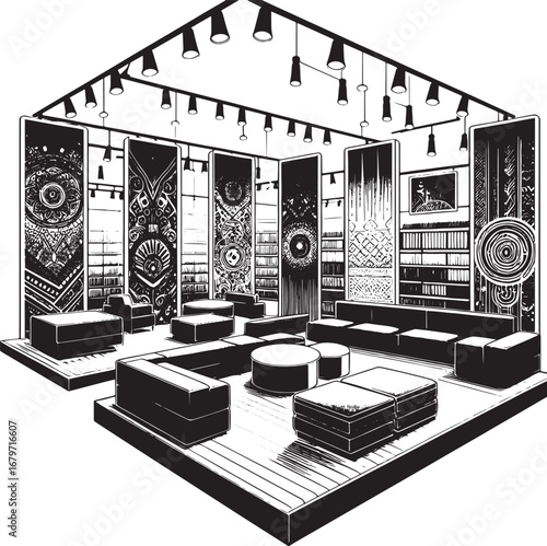 Detailed Black and White Interior Design Illustration Showcasing a Modern Exhibition Space