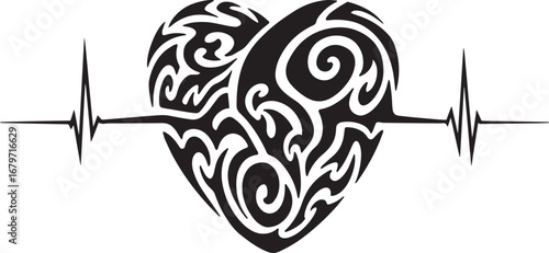 Ornate heart symbol with heartbeat line in black and white for m
