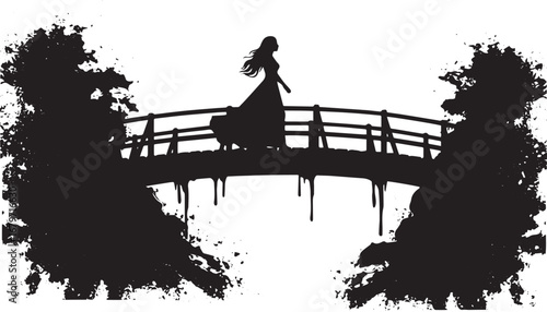 Silhouette of a serene woman gracefully walking on a bridge amid