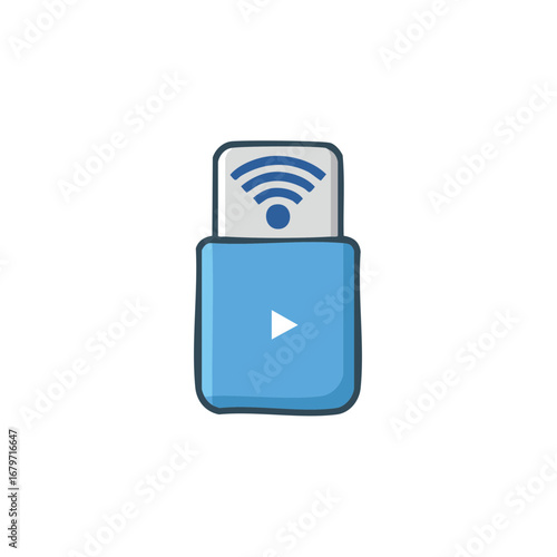 Cute cartoon style wireless dongle with Wi-Fi signal and play button icon for media streaming