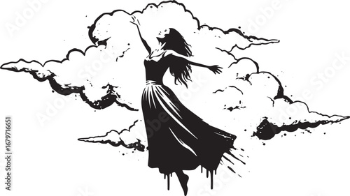 Ethereal black and white silhouette of a woman soaring through t