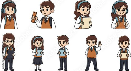Students in school uniforms holding books and devices. Education, learning, study, young, kids, school, uniform, children, student