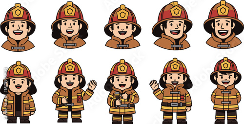 Firefighters smile, ready to respond. Safety, service, protection, community heroes, emergency response, preparedness, teamwork, occupation, uniform, service, job, cartoon
