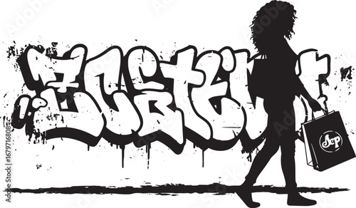 Stylized urban shopping scene with graffiti and a woman silhouet