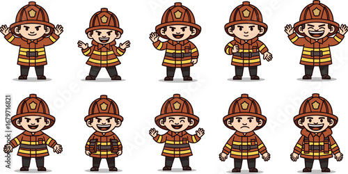 Cartoon firefighters in various poses and expressions. Heroes, safety, emergency response, children, profession, danger, service, uniform, helmets