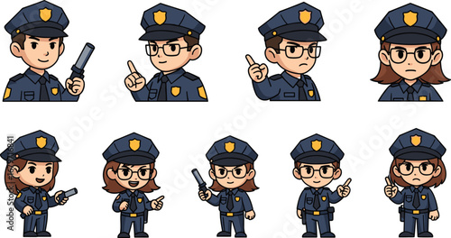 Cartoon police officers present and warn. Law enforcement, authority, protection, order, security, justice, safety, regulation, duty, professionalism.