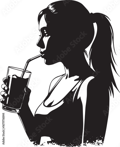 Graphic silhouette of a woman sipping refreshing orange juice dr