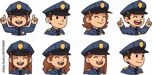 Cartoon police officers show various expressions. Law enforcement, security, patrol, service, duty, authority, profession, profession, people, cop, police, public safety