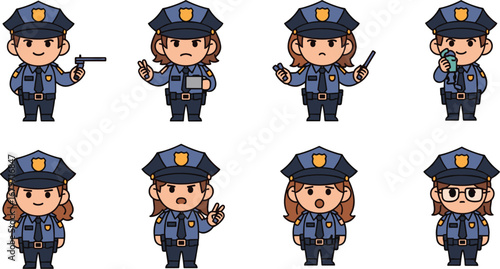 Cartoon police officers stand in uniform. Law enforcement, safety, protection, service, characters