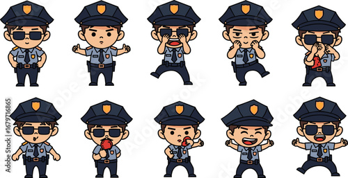 Cartoon police officers express different emotions. Happy characters, law enforcement, security, expression, policeman, vector, illustration, officer.