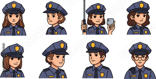 Police officers in uniform, cartoon style illustrations. Law enforcement, safety, authority, public service, community protection.