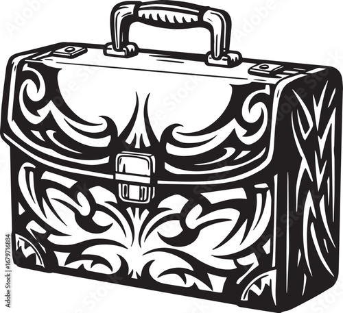 Ornate Business Case: Detailed black and white illustration of a