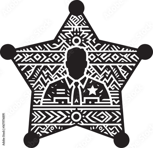 Intricate Black and White Sheriff's Badge Design with Detailed Aztec-Inspired Patterns
