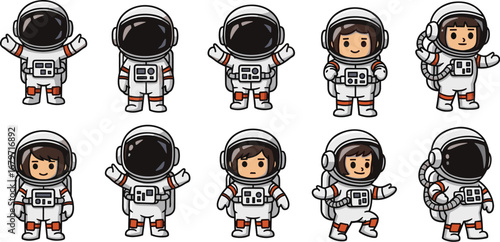 Cartoon astronauts in spacesuits strike various poses. Space exploration, kids design, science, future, costume