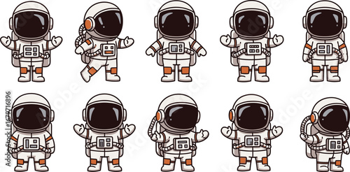 Collection of astronaut cartoons in spacesuits. Space exploration, sci-fi, adventure, universe, fun, kids