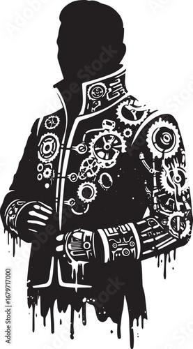 Silhouette of a man wearing a mechanical jacket with gears and d