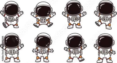 Cute astronauts with various poses. Cartoon characters, space, astronaut, illustration, vector, graphic, kid, astronautics, cosmos, science.