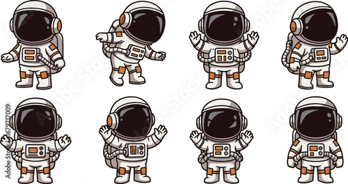Cute astronauts in spacesuits pose playfully. Space exploration, science fiction, spacewalk, future, adventure, cosmos, cartoon, character, kawaii, happy.