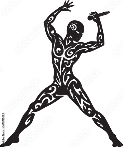 Tribal performance art with an expressive vocalist holding a mic