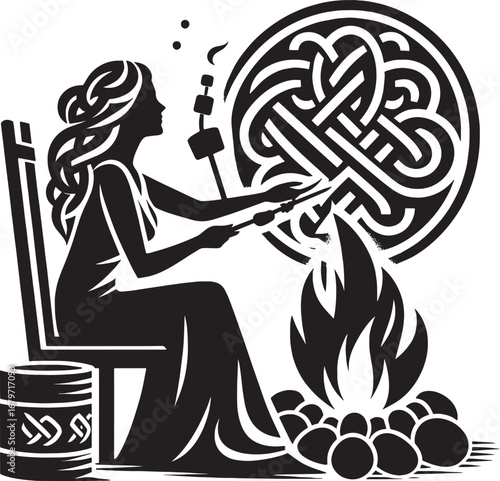 Silhouette of a woman roasting marshmallows over a campfire with a celtic knot design